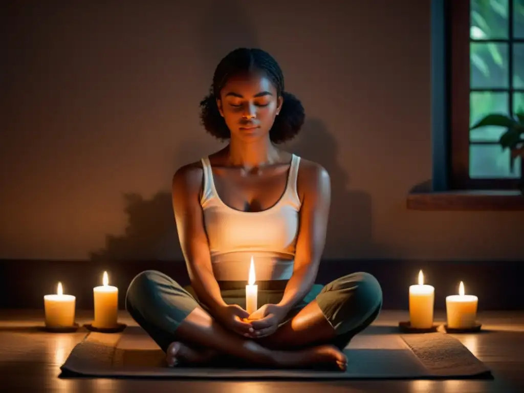 Persona serena meditando en un ambiente tranquilo con velas y incienso, representando lecciones de calma y presencia