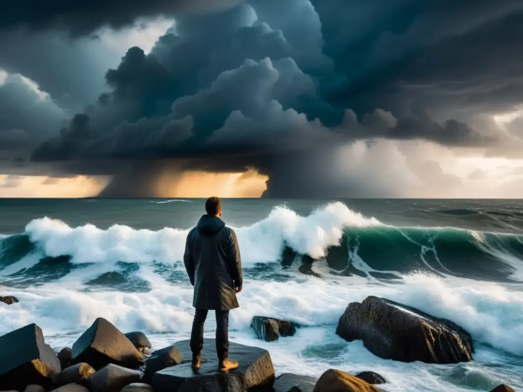 Una persona serena y determinada contempla el mar tormentoso desde la orilla rocosa, reflejando fuerza interior