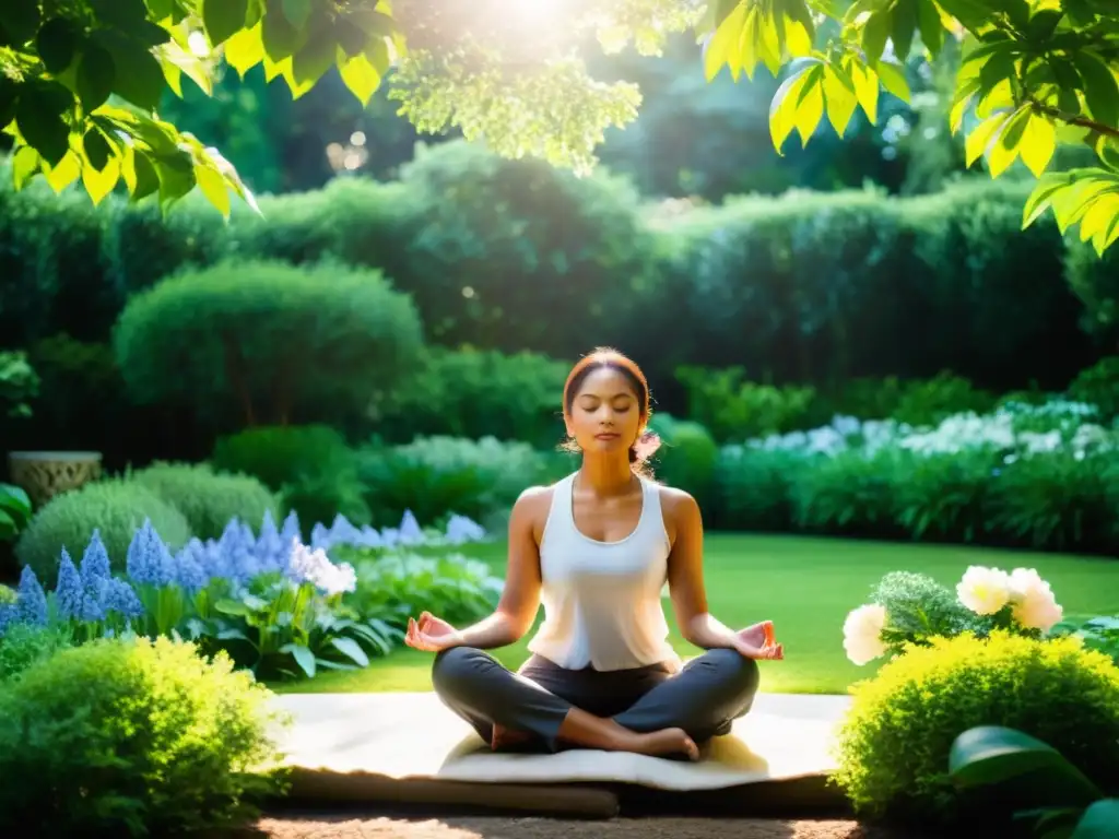 Una persona medita en un jardín sereno, con luz suave entre árboles