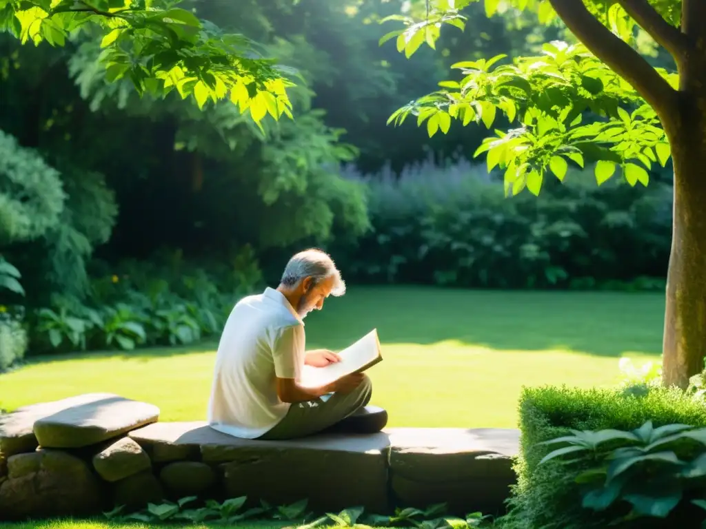 Persona leyendo 'Ética según Aristóteles' en un jardín sereno, rodeada de naturaleza y tranquilidad, en profunda contemplación