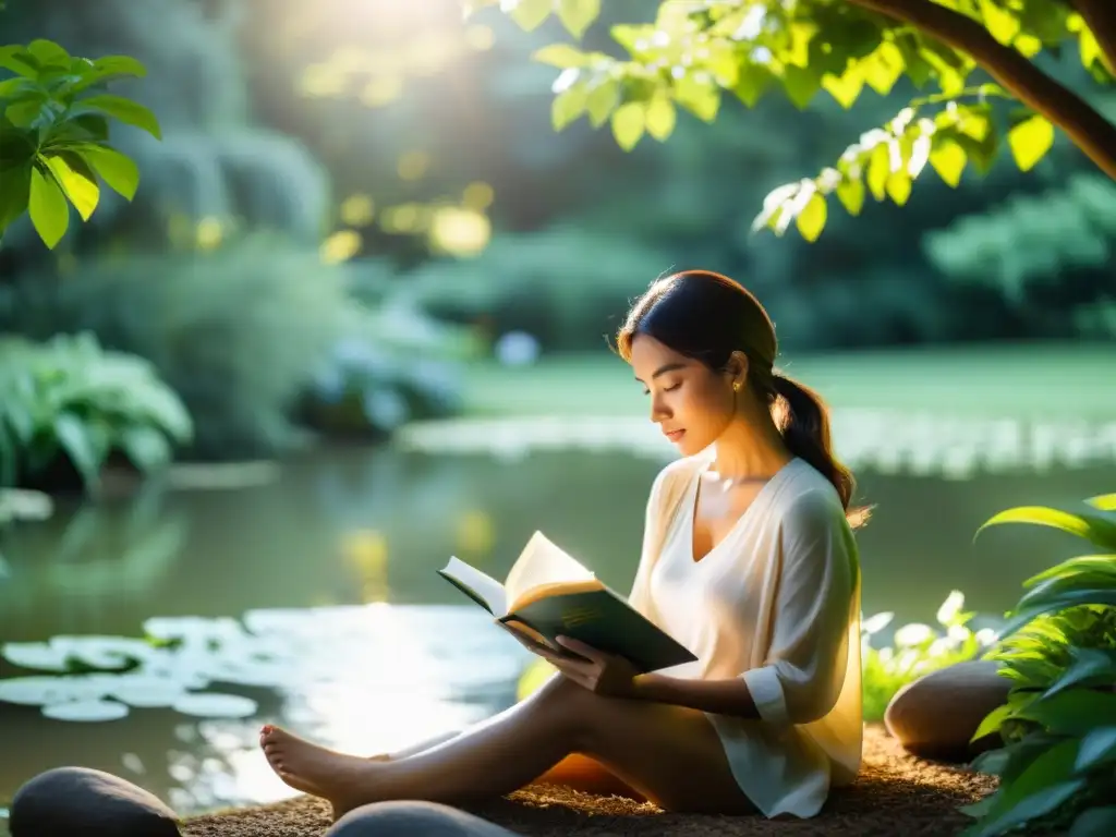 Persona leyendo en jardín sereno, priorizando y gestionando el tiempo con el estoicismo