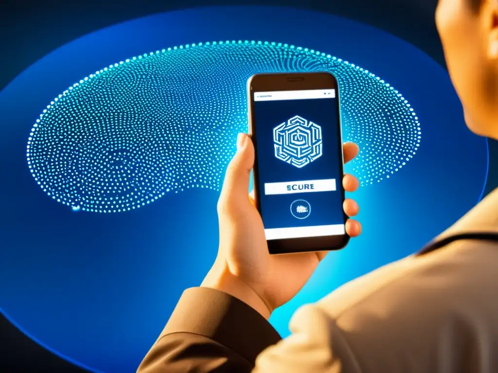Una persona sostiene un smartphone con la app de identificación digital segura abierta, mientras el fondo muestra la red blockchain
