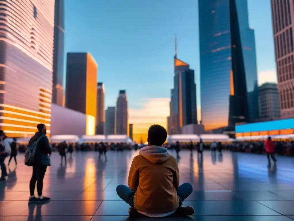 Persona sola en plaza de ciudad llena, frente a rascacielos, absorta en pantalla