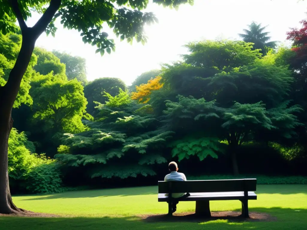 Una persona solitaria reflexiona en un banco del parque, rodeada de exuberante vegetación