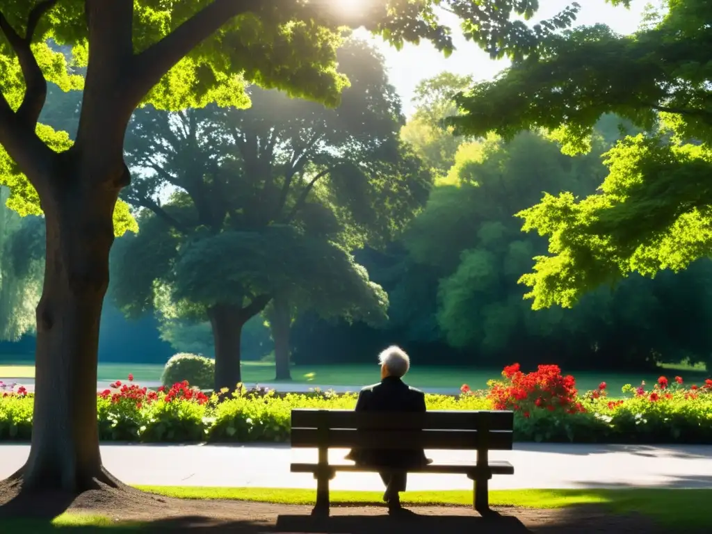Una persona solitaria reflexiona en un banco del parque, con la luz filtrándose entre los árboles