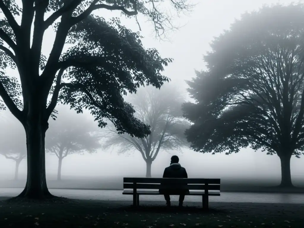 Reflexión solitaria en la niebla del parque Persona solitaria en un banco de parque, rodeada de densa niebla, reflejando introspección