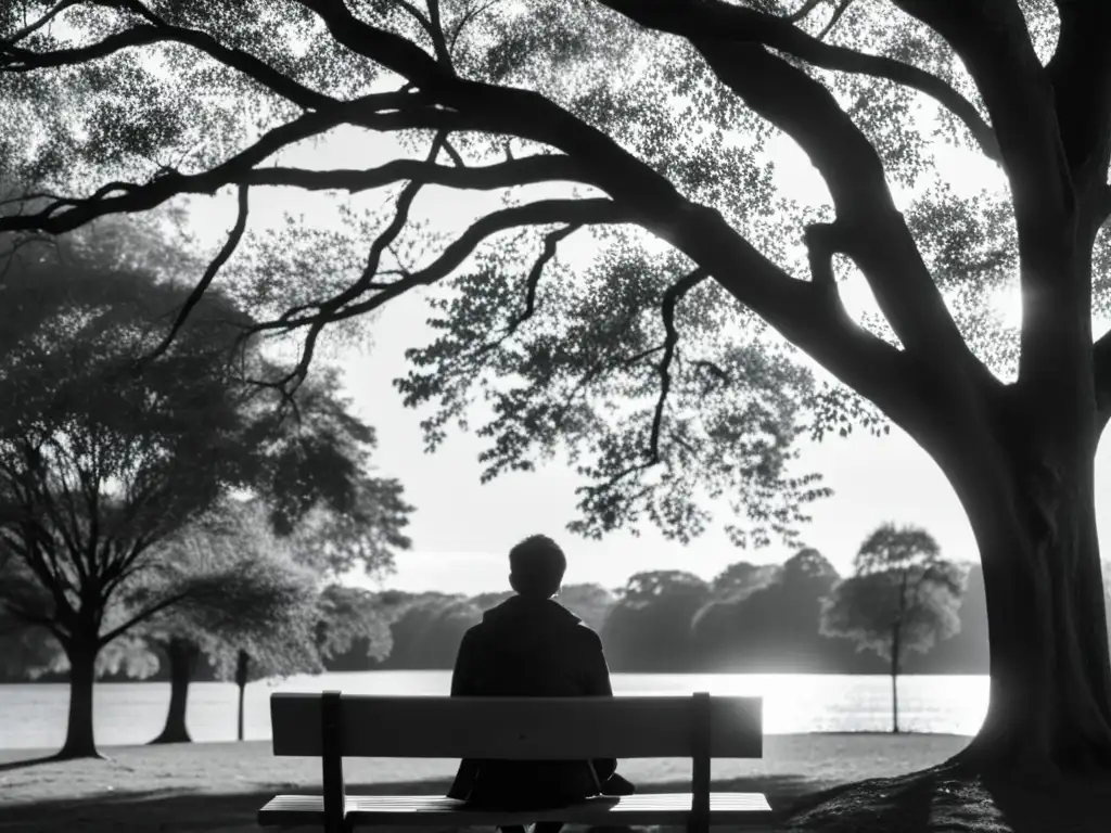 Una persona solitaria reflexiona en un banco del parque bajo la sombra de altos árboles