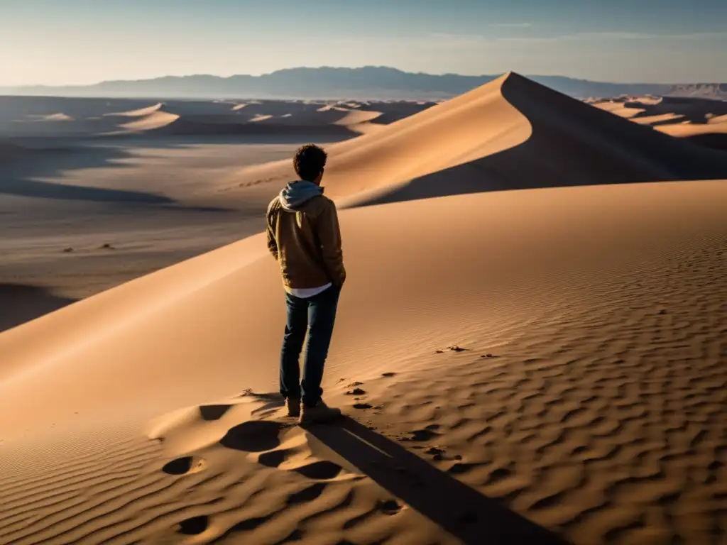 Persona solitaria reflexiona en desierto, buscando vida auténtica en mundo indiferente