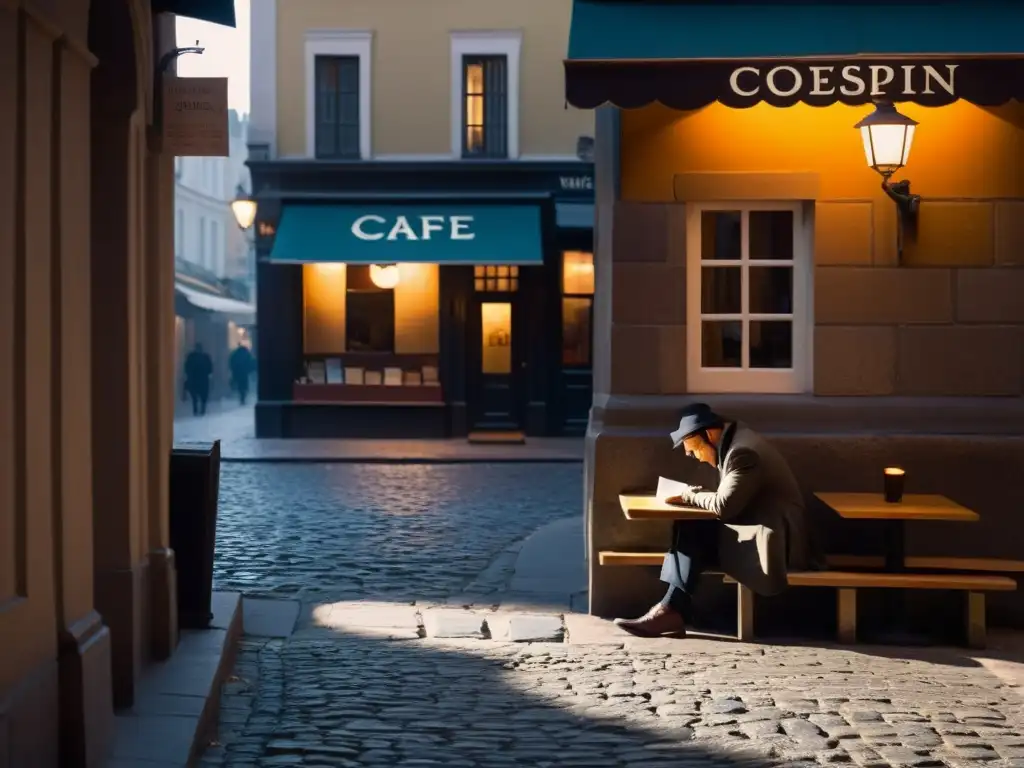 Persona solitaria reflexiona sobre filosofía existencialista y libertad humana en café tenue