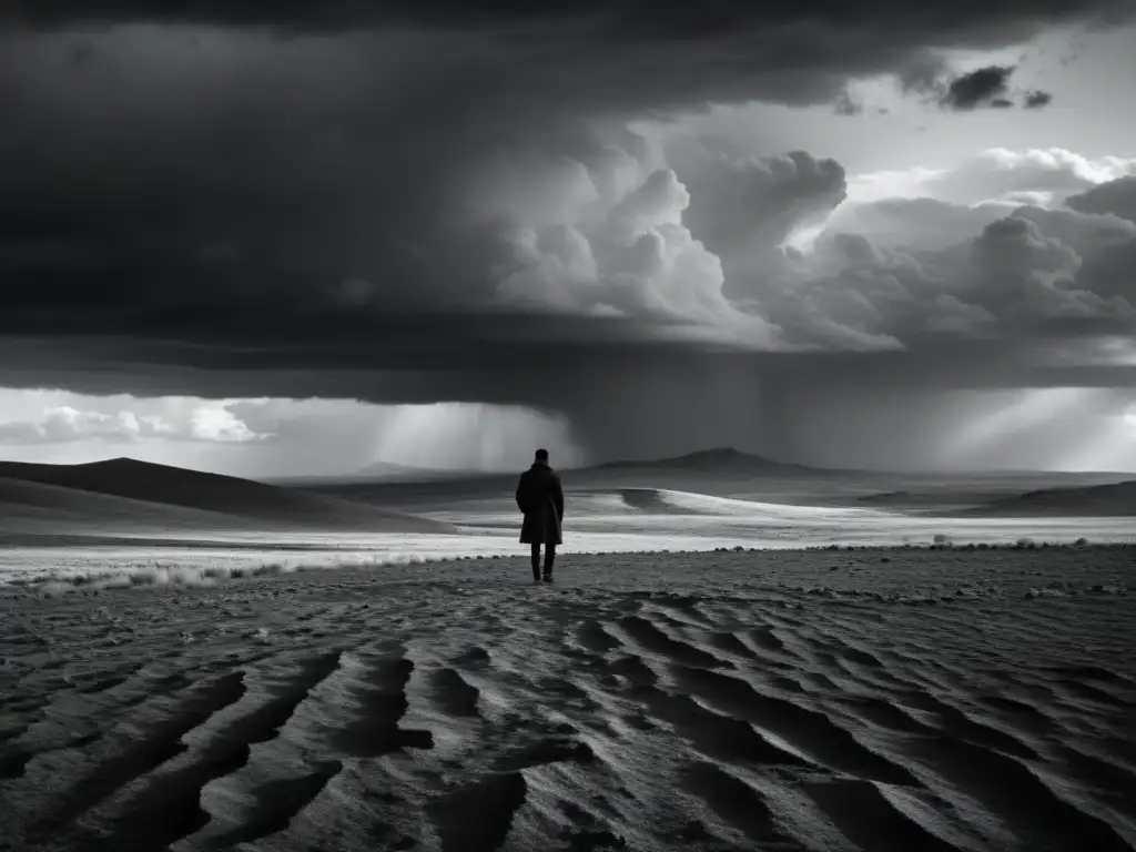 Persona solitaria en un paisaje desolado bajo un cielo dramático