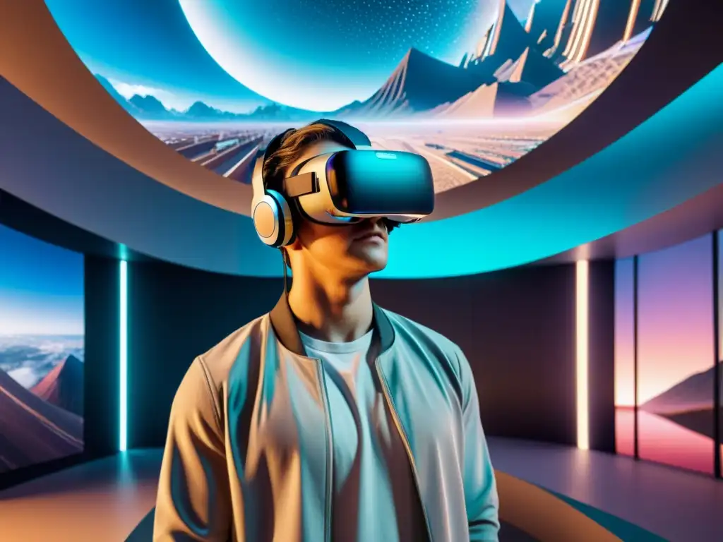 Persona sorprendida usando auriculares de realidad virtual en un paisaje digital futurista