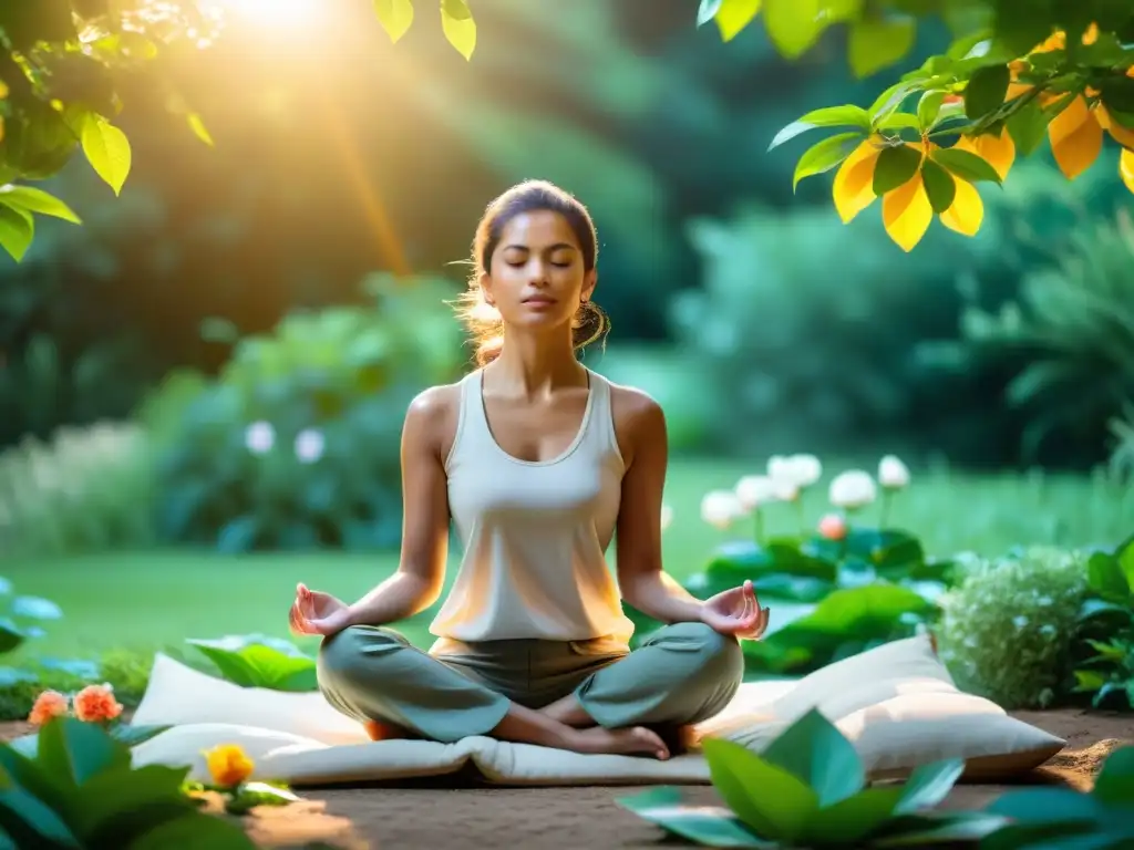 Persona practicando mindfulness para superar el sufrimiento, en medio de la naturaleza serena y exuberante, irradiando calma y tranquilidad