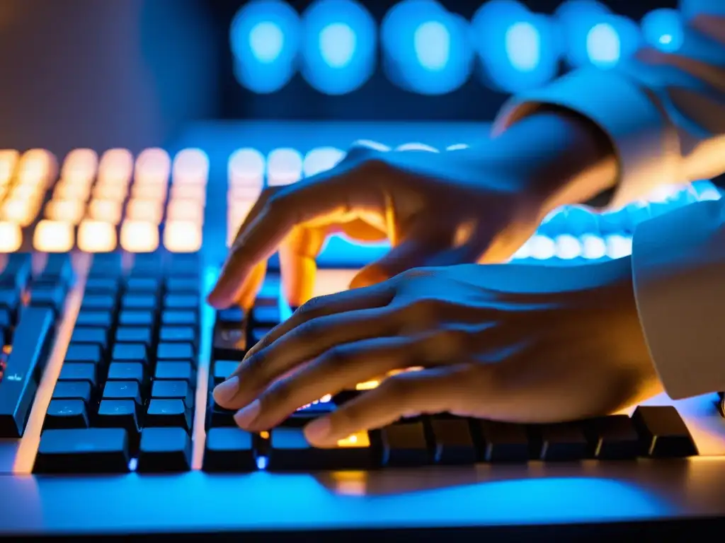 Persona tecleando en un teclado, rodeada de servidores, con tono profesional y cálido