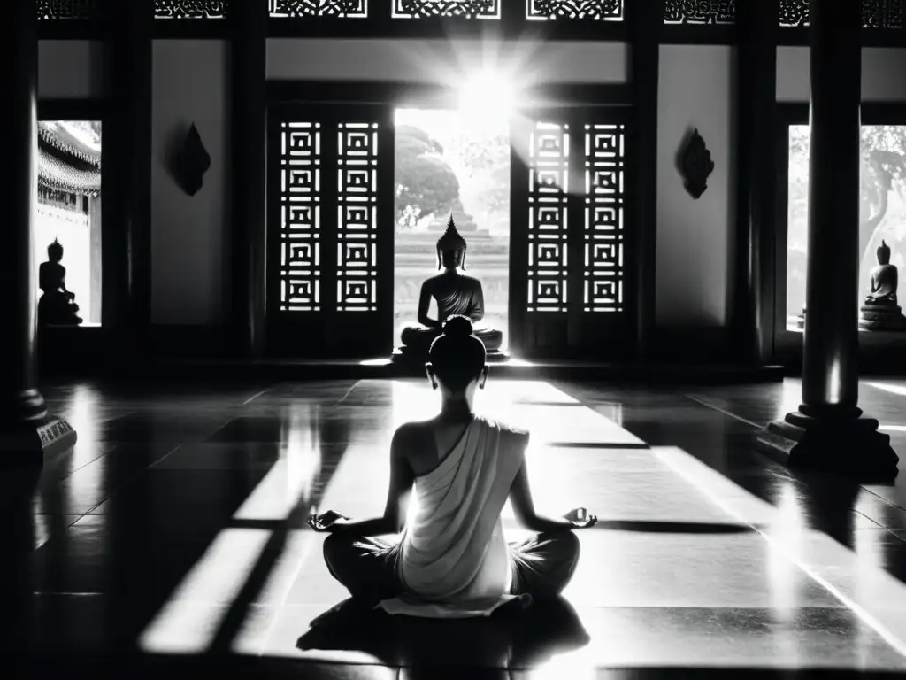 Persona en meditación en templo budista, enfrentando su existencia