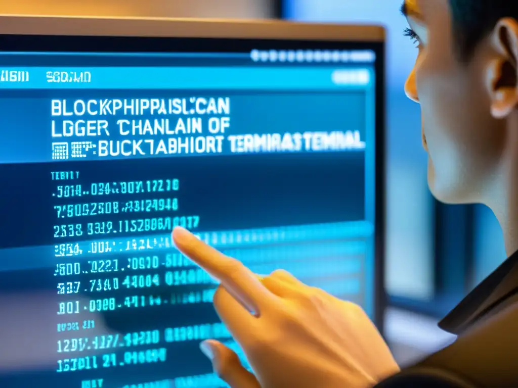 Persona usando terminal blockchain con pantalla de transacciones