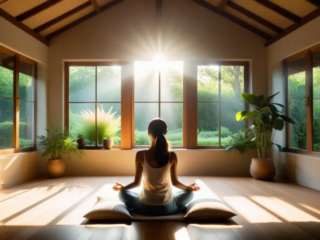 Una persona medita en un tranquilo jardín, disfrutando de los beneficios de la meditación para el manejo del estrés