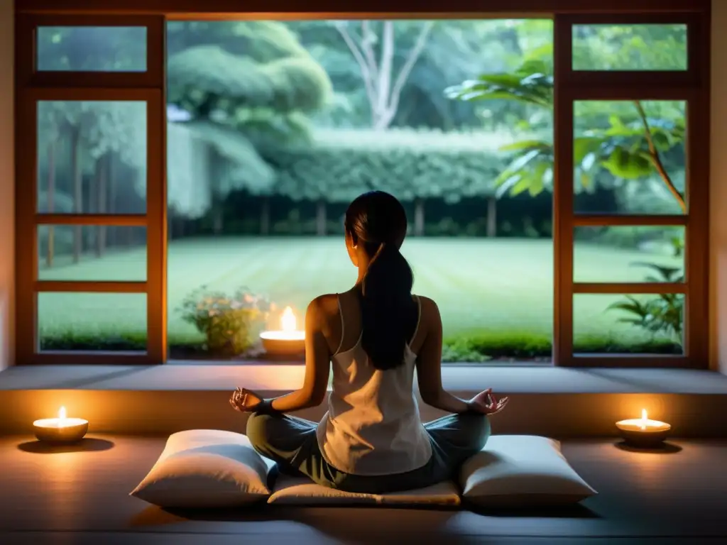 Persona meditando en un tranquilo espacio iluminado por velas, conectando con el Budismo y neurociencia: conexiones meditación