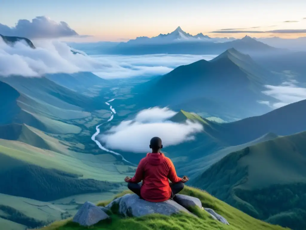 Persona en meditación trascendental en la cima de la montaña, rodeada de nubes y la primera luz del amanecer