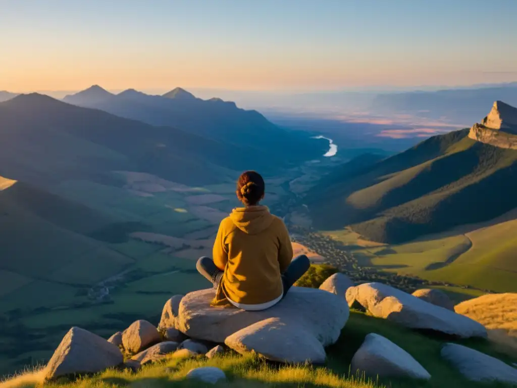 Persona en meditación, contemplando valle al atardecer