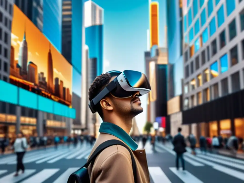 Una persona usa un visor de realidad virtual en medio de una bulliciosa ciudad, fusionando la realidad y la tecnología