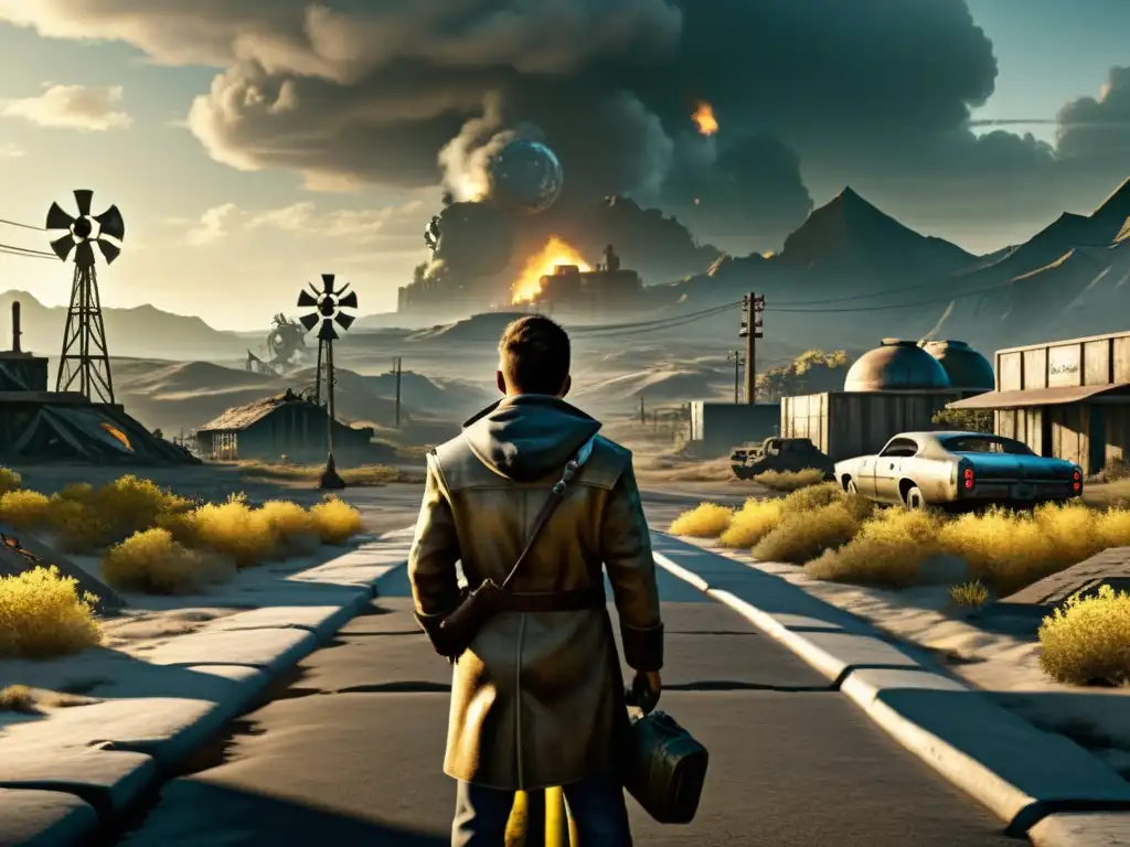 Un personaje de Fallout reflexiona en una encrucijada, mientras el paisaje postapocalíptico refleja las consecuencias de su decisión