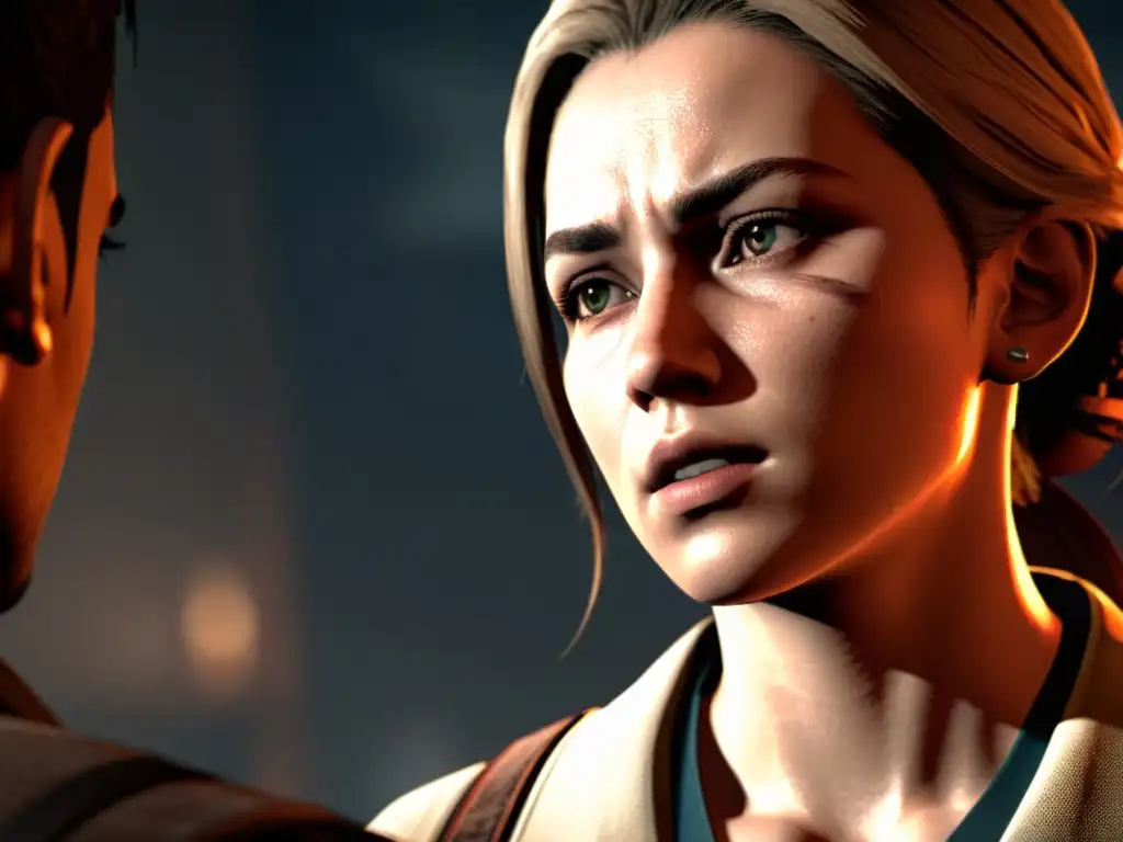Un personaje de videojuego enfrenta un dilema moral, su rostro refleja conflicto en una atmósfera dramática