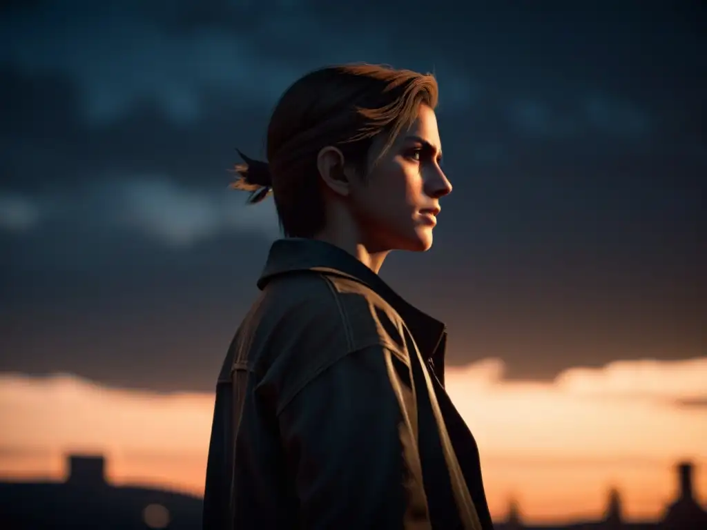 Encrucijada existencial en videojuego: dilema de elección Personaje de videojuego reflexionando en encrucijada, envuelto en incertidumbre y angustia existencial