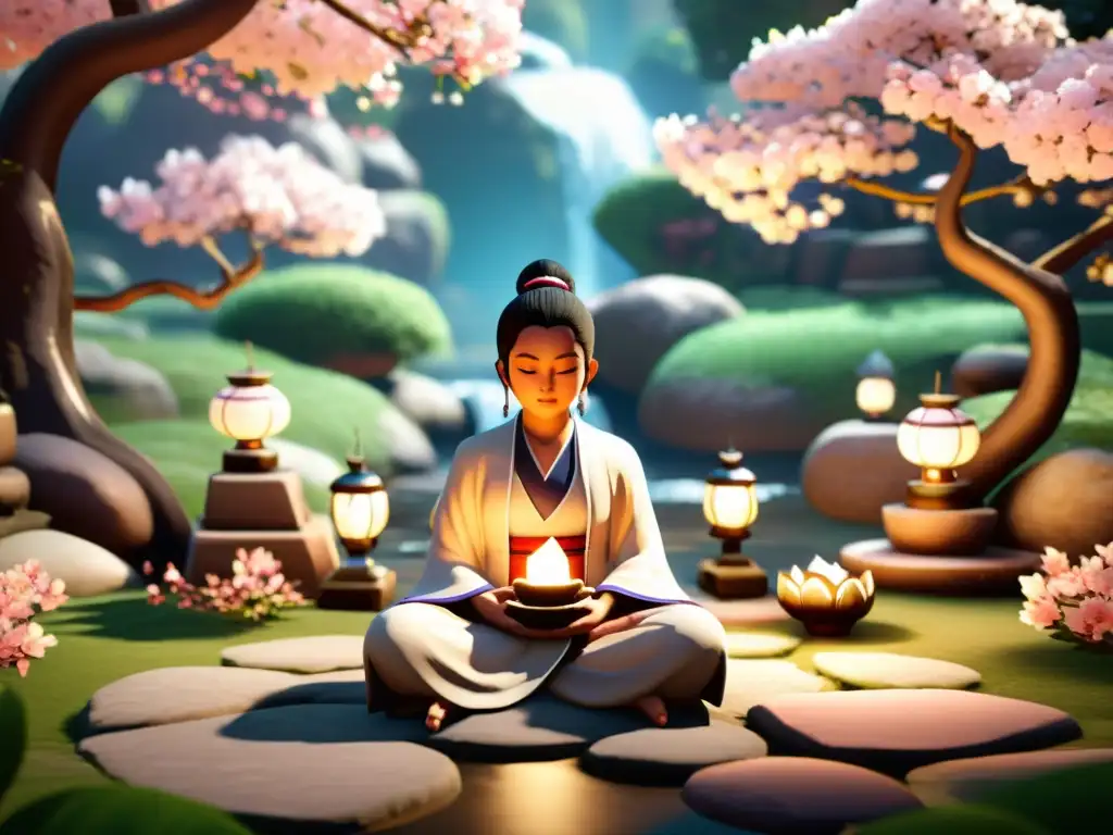 Personaje meditando en jardín virtual, influenciado por filosofía oriental en videojuego