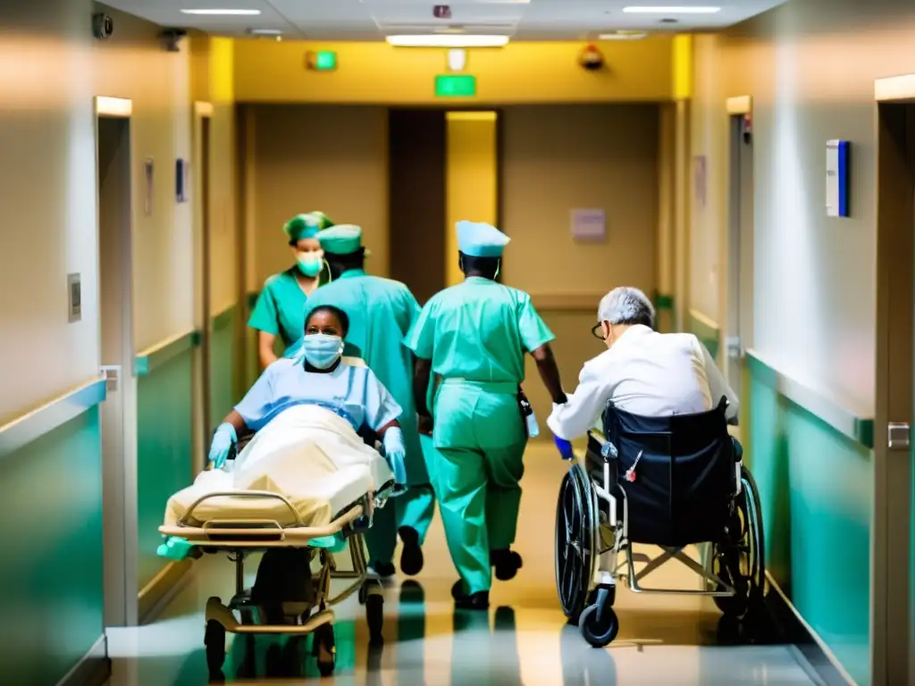 Personal médico atiende a pacientes en un hospital abarrotado, mostrando la ética en la distribución de recursos médicos en tiempos de crisis