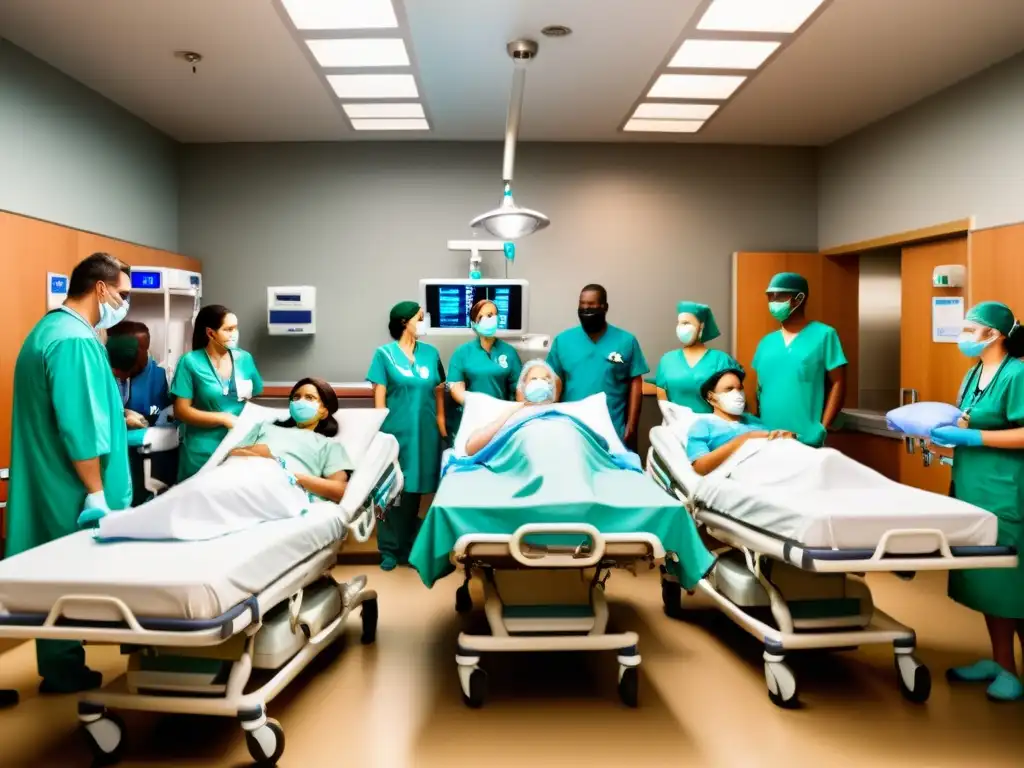 Personal médico atiende a pacientes en sala de emergencias abarrotada, destacando prioridades en situaciones de escasez filosofía