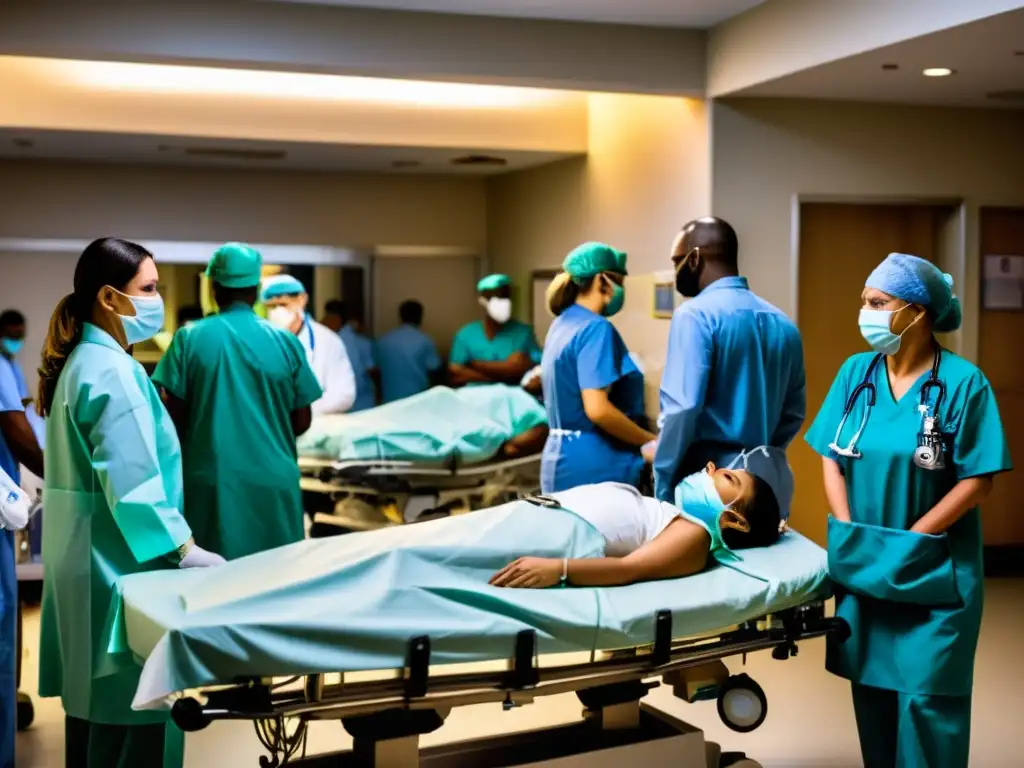 Personal médico atiende a pacientes en una sala de emergencias llena, mientras familiares preocupados esperan