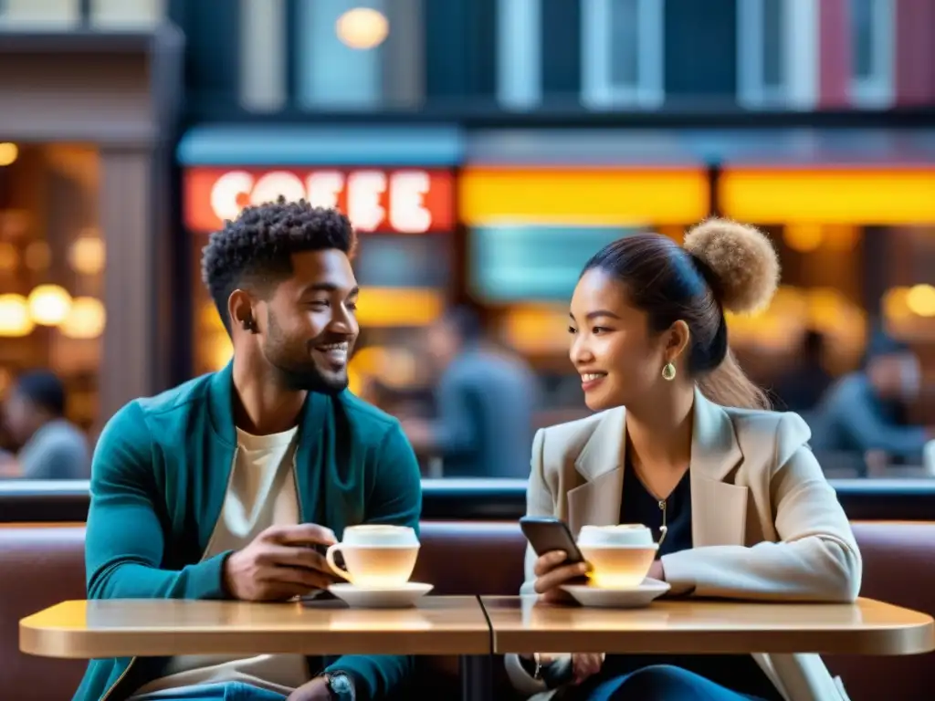 Dos personas en una cafetería, absortas en sus smartphones mientras el mundo bulle a su alrededor, simbolizando el amor y la amistad en redes sociales