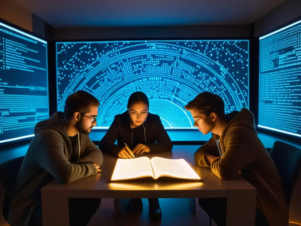 Personas concentradas en torno a una mesa iluminada por pantallas de computadora, inmersas en la criptografía
