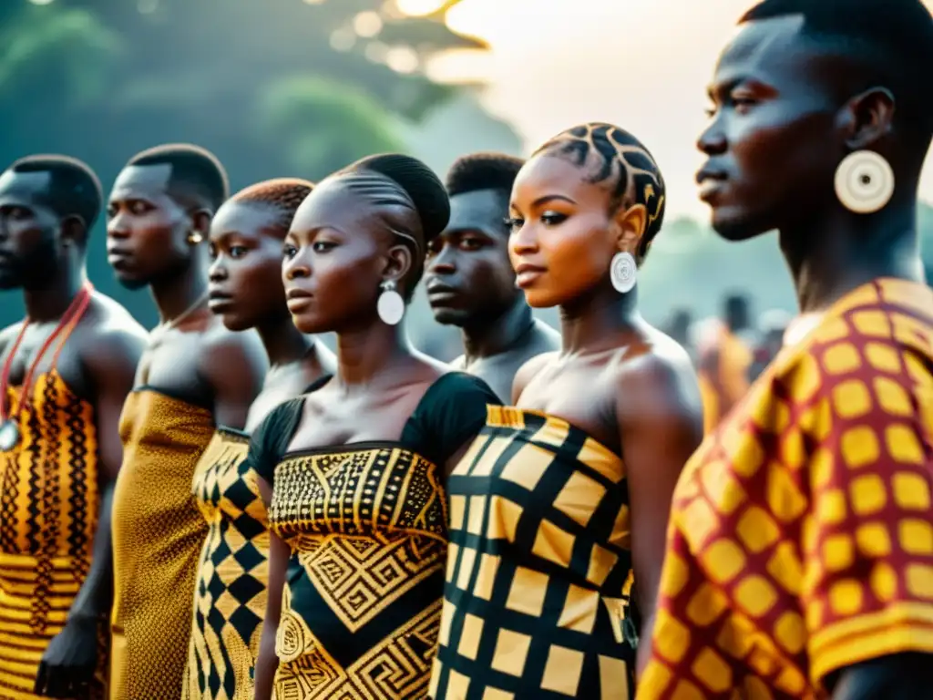 Personas de la cultura Akan en Ghana lucen trajes tradicionales con símbolos Adinkra en una animada danza