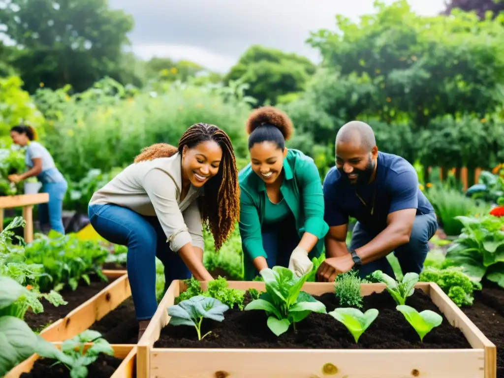 Personas diversas colaborando en un jardín comunitario, promoviendo la sostenibilidad para una sociedad justa