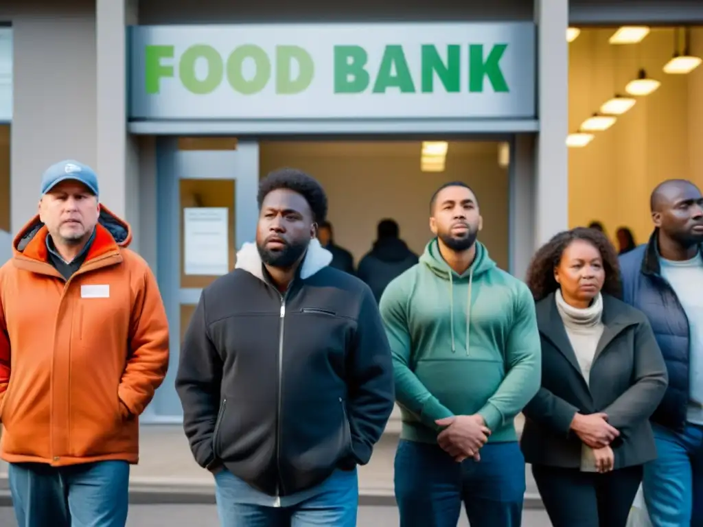 Personas diversas en fila afuera de un banco de alimentos, expresando emociones de esperanza y desesperación