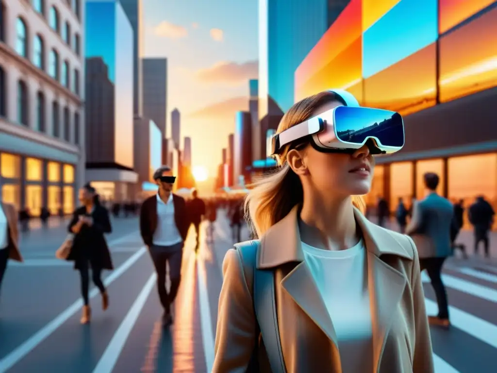Personas con gafas de realidad aumentada caminan por una ciudad, fusionando lo real con lo digital