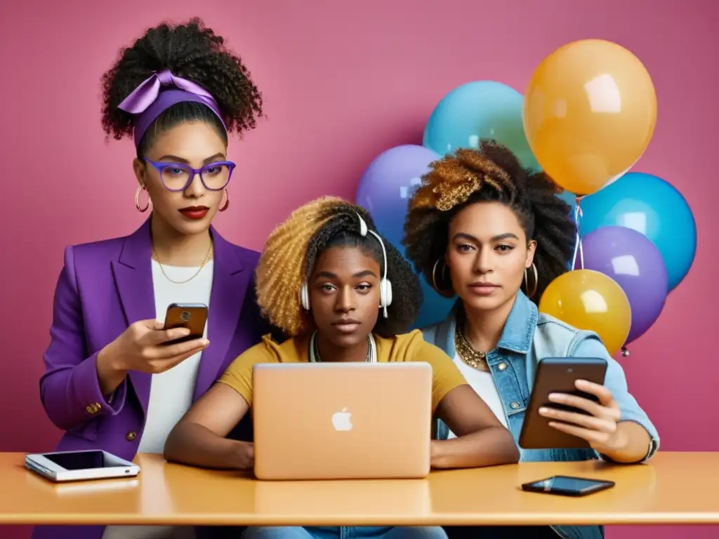 Personas diversos géneros usando dispositivos digitales, reflejando el impacto del avance tecnológico en identidades de género