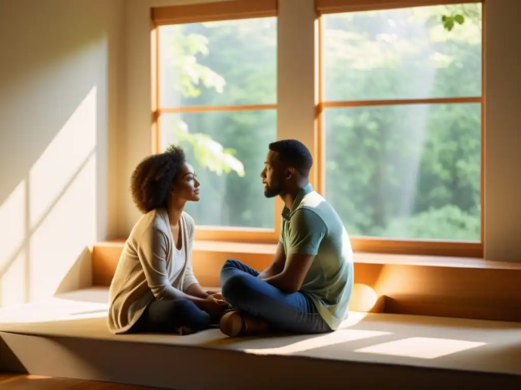 Dos personas conversando en una habitación soleada y tranquila, reflejando lecciones de mindfulness para comunicación efectiva