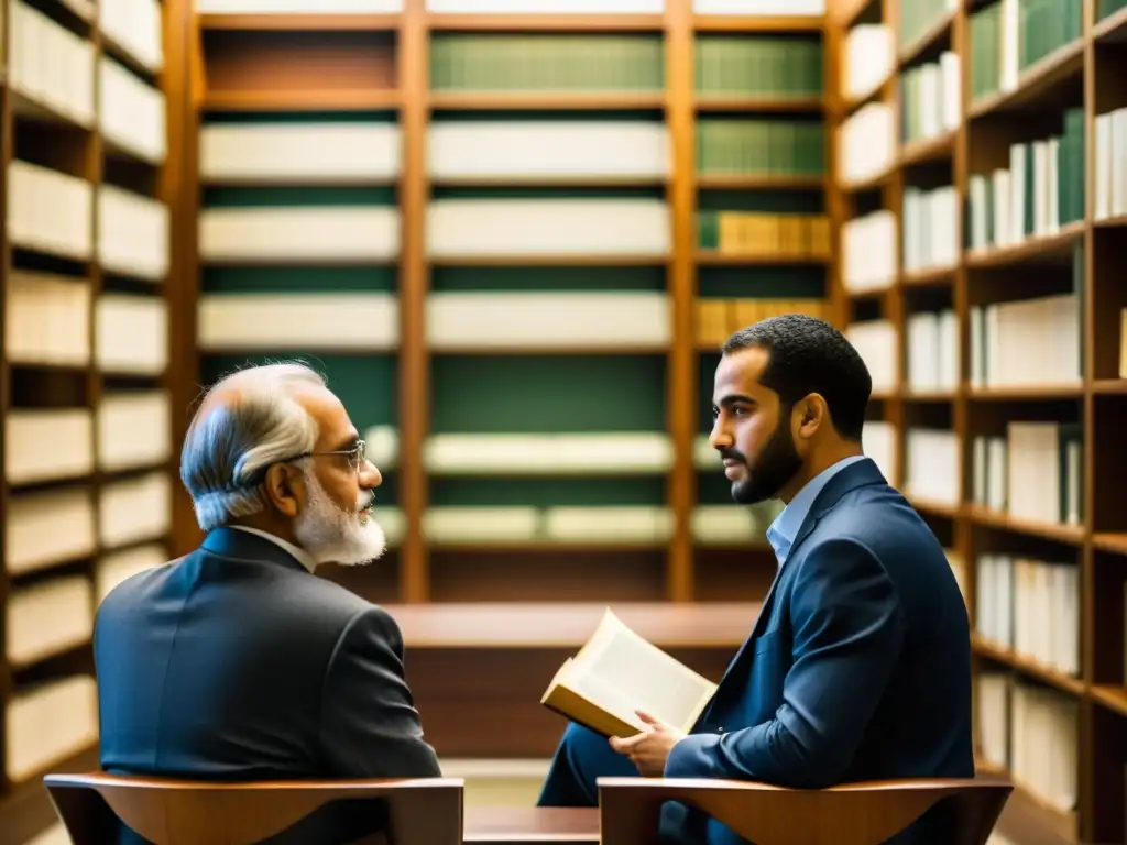 Dos personas discuten respetuosamente sobre justicia entre culturas filosofía legal en un entorno académico sereno con antiguos textos