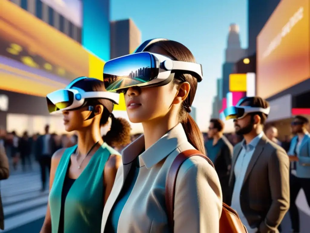 Personas usando lentes de realidad aumentada en una concurrida calle de la ciudad, con información digital superpuesta