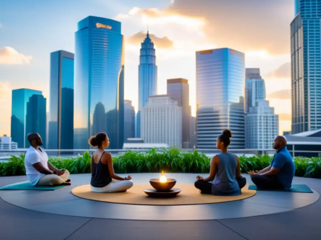 Personas practicando meditación en la ciudad, transmitiendo calma y serenidad