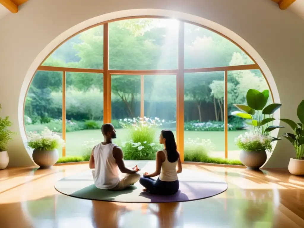 Personas practicando mindfulness en un jardín tranquilo con luz natural, conectando con la filosofía oriental de vida plena