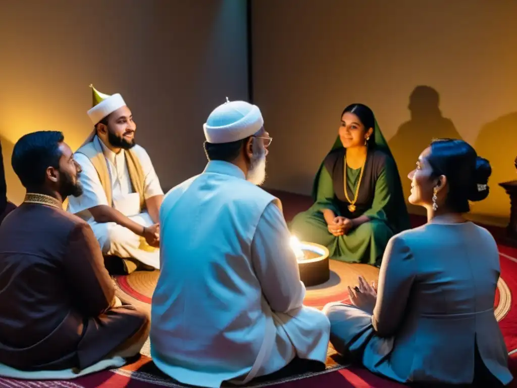 Personas de distintas religiones dialogan en armonía, representando las aportaciones del Sufismo al diálogo interreligioso