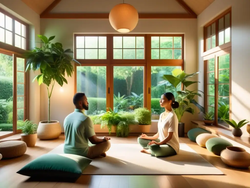 Dos personas meditan en un soleado y sereno salón con vista al jardín