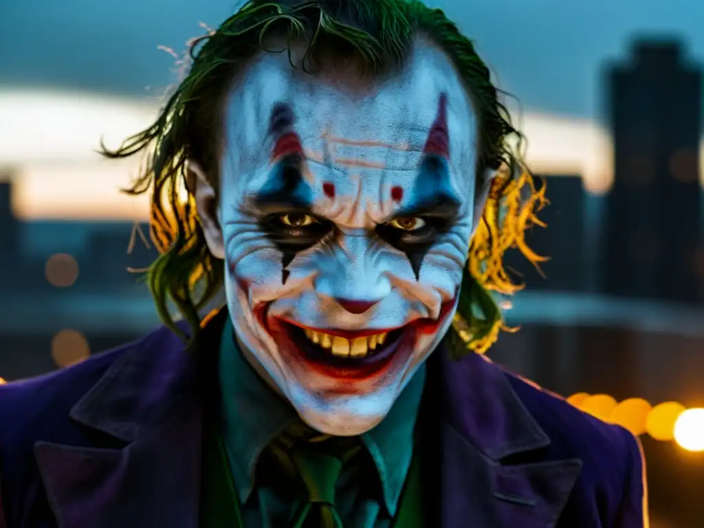 El perturbador retrato del Joker de Heath Ledger, con su sonrisa maníaca y ojos caóticos, en la atmósfera ominosa de la ciudad