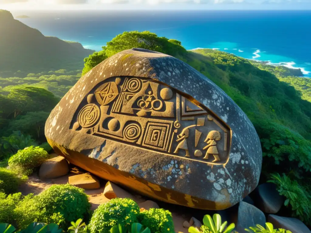 Petroglifo del Caribe con símbolos geométricos y el mar al fondo, iluminado por el sol