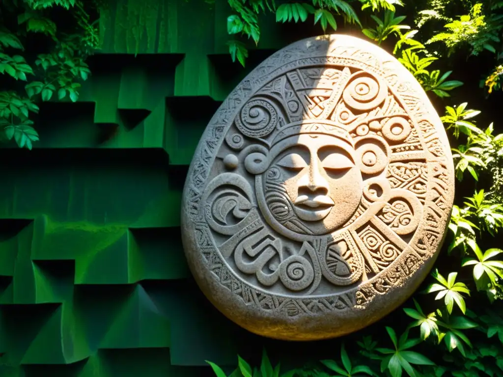 Una petroglifo Taino detallado, con patrones geométricos e símbolos, iluminado por el sol entre la exuberante vegetación