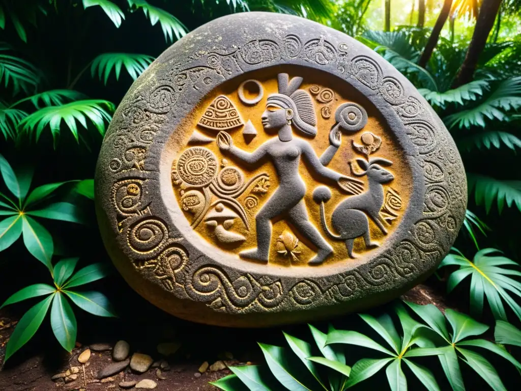 Una petroglifo taíno en piedra, iluminada por el cálido sol, muestra la filosofía del caribe precolombino en la exuberante selva tropical