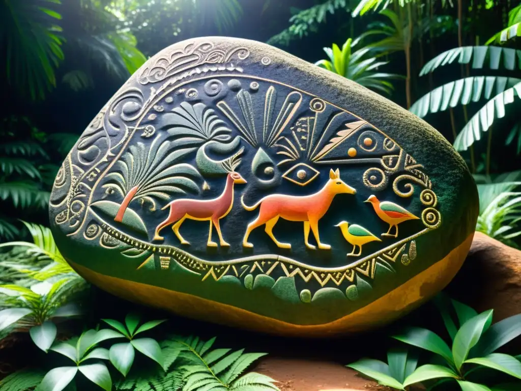 Una petroglifo Arawak tallado en una roca grande, con patrones geométricos y representaciones de la naturaleza